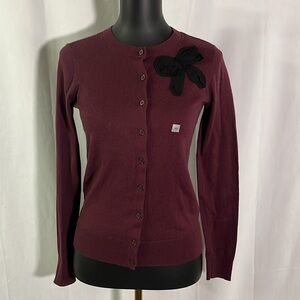 NWT LOFT Burgundy Chiffon Bow Detail Button Front Cardigan